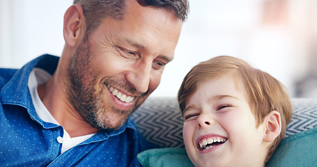 Image showing Love, father and son laughing on sofa in living room of their home. Happiness or caring, positivity and excited or cheerful family on couch for funny joke or bonding time together at their house