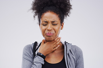 Image showing Black woman, sore throat and virus from cough, allergies or bacteria against a white studio background. Sick African female person touching neck in pain, allergy or flu of cold, illness or infection