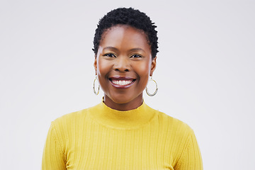 Image showing Happy, smile and portrait of a black woman with a headshot isolated on a white background in a studio. Happiness, business and face of a young African employee smiling for a corporate profile
