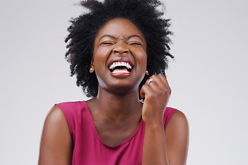 Image showing Happy, laughing and a black woman with comedy and smile isolated on a white background in a studio. Funny, mature and an African person with a laugh for a joke, happiness and smiling on a backdrop