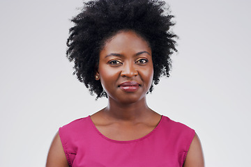 Image showing Portrait of real black woman, white background with smile and positive attitude for small business owner. Focus, businesswoman with happy mindset and face of African model isolated on studio backdrop