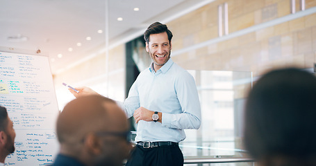 Image showing Business man, speaker and board at workshop, presentation or conference with question, pointing and talk. Leader, coaching and mentor with whiteboard, training and advice for analysis in meeting room