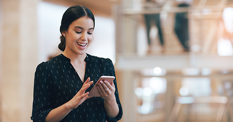 Image showing Business woman, texting and reading with space in office mockup for networking, chat or email communication. Happy businesswoman, smartphone or typing for schedule, notes or social media app at job