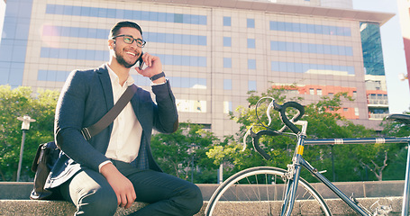 Image showing Phone call, business man and bicycle in city to travel with eco friendly transport. Cellphone, bike and happy male professional talking, speaking and discussion while sitting on steps in urban street