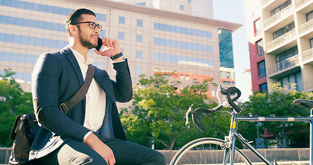 Image showing Phone call, business man and bicycle on steps in city to travel with eco friendly transport. Cellphone, bike and male professional on stairs talking, thinking and discussion while sitting on street.