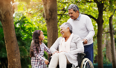 Image showing Love, happy family and grandparents with grandchild in a nature park outdoors. Care or support, lens flare and cheerful or excited people in green environment spending quality time together