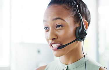 Image showing Woman, face and callcenter with headset and call, CRM and happy consultant with tech support and contact us. Customer service, telemarketing and female agent on help desk, talking and mockup space