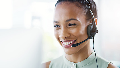 Image showing Woman, face and callcenter with headset and phone call, CRM and happy consultant, contact us and mockup space. Customer service, telemarketing and female agent on help desk, tech support and smile