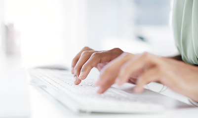 Image showing Hands, typing and keyboard with computer, woman and planning with creativity for content creator job. Female, digital entrepreneur and writing with pc, desktop and creative for social media manager