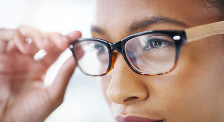 Image showing Woman, closeup of glasses and vision with eye care, prescription lens and frame with optometry and health. Eyesight, designer eyewear and female person with spectacles, ophthalmology and wellness