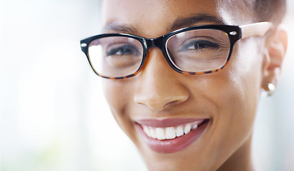 Image showing Happy woman, face with glasses and vision with eye care, prescription lens and frame, optometry and health. Eyesight, eyewear and female person in spectacles with smile, ophthalmology and portrait