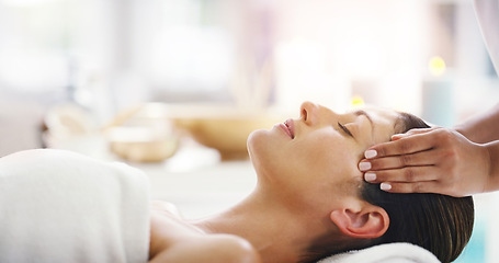 Image showing Woman, hands and sleeping at spa for facial treatment, healthy wellness or physical therapy at resort. Calm female person relaxing in peaceful sleep for luxury body care or face massage at the salon