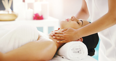 Image showing Woman, hands and face massage at spa for zen, physical therapy or healthy wellness in relax at resort. Calm female person relaxing or sleeping in luxury facial treatment or stress relief at the salon