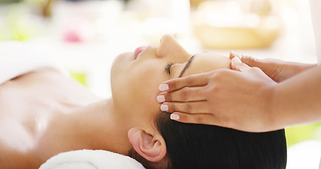 Image showing Woman, hands and sleeping in face massage at spa for zen, physical therapy or healthy wellness in relax at resort. Calm female person relaxing or sleep in luxury facial treatment or relief at salon