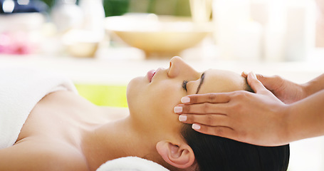 Image showing Woman, hands and face massage at salon for zen, physical therapy or healthy wellness in relax at resort. Calm female person relaxing or sleeping in luxury facial treatment or stress relief at the spa