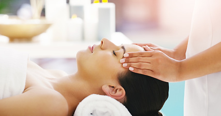 Image showing Woman, hands and relax in face massage at spa for zen, physical therapy or healthy wellness at resort. Calm female person relaxing or sleeping in luxury facial treatment or stress relief at salon