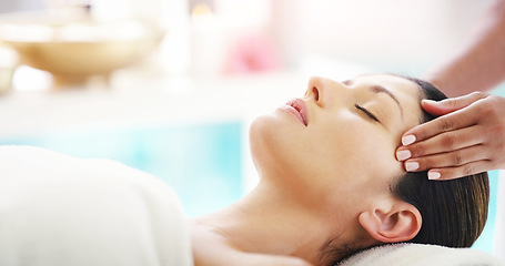 Image showing Woman, hands and face massage at spa for healthy wellness, skincare or stress relief in relax at resort. Hand of masseuse with calm female person relaxing in peaceful zen or facial treatment at salon