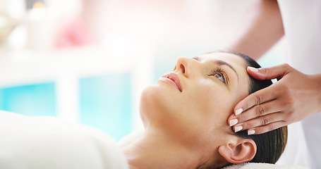 Image showing Woman, hands and face massage at salon for healthy wellness, skincare or stress relief in relax at resort. Hand of masseuse with calm female person relaxing in peaceful zen or facial treatment at spa