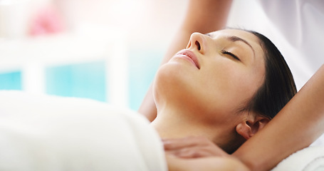 Image showing Woman, hands and massage in relax at spa for healthy wellness, skincare or stress relief at resort. Hand of masseuse with calm female person relaxing in peaceful zen or body treatment at the salon