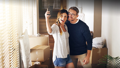 Image showing Couple, moving and box with selfie, new house or excited for start, love or beginning in real estate. Man, woman and happy with smile, photography and profile picture for home, property or apartment