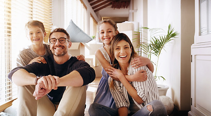 Image showing Parents, children and a portrait of a family moving house for a new start after real estate purchase. Homeowner mom, dad and kids as happy people in the living room of their property investment