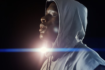 Image showing Fitness, night and face of black man with sweat in city for workout, exercise and marathon training. Sports, strong and serious male body builder with dedication, motivation and focus for running