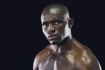 Image showing Bodybuilder, fitness and portrait of black man with sweat on dark background for workout, exercise and training. Sports, strong body and face of serious male person with power, motivation and focus