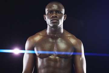 Image showing Strong, fitness and portrait of black man with muscle on dark background for workout, exercise and training. Sports, power and face of serious male body builder with dedication, motivation and focus