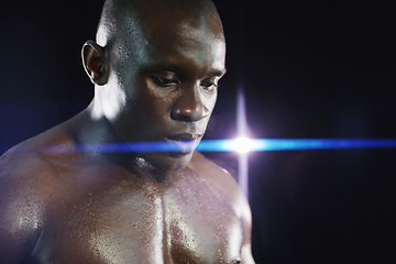 Image showing Thinking, fitness and face of black man with sweat on dark background for workout, exercise and training. Sports, strong muscle and serious male body builder with dedication, motivation and focus