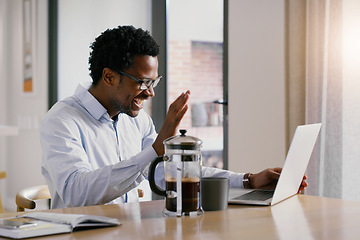 Image showing Businessman, laptop and home video call for virtual meeting, webinar or introduction in remote work. Black man or freelancer waving on computer for hello, conference or videocall in the living room