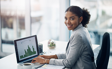 Image showing Graph, laptop and portrait of working business woman doing financial strategy for growth at startup company with a smile. Happy, report and female financial advisor with profit progress on a screen