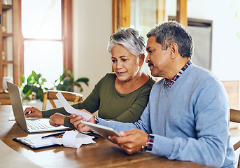 Image showing Senior couple, budget planning and health insurance checklist with computer at home. Documents, pension and elderly people with financial, tax and debt form in a house with bills and pc admin