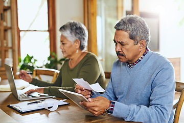 Image showing Budget, tablet and senior couple with bills, paperwork and tax documents for life insurance at home. Retirement, finance and elderly man and woman on digital tech for payment, investment and mortgage