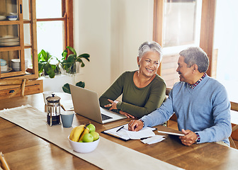 Image showing Finance, laptop and happy senior couple with bills, paperwork and documents for life insurance. Retirement, pension and elderly man and woman on computer for mortgage payment, investment and budget