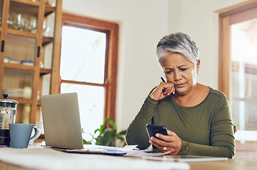 Image showing Senior woman, phone budget planning and health insurance checklist at home. Writing, contract and elderly female person with mobile banking, tax and pension form in a house with bills and debt