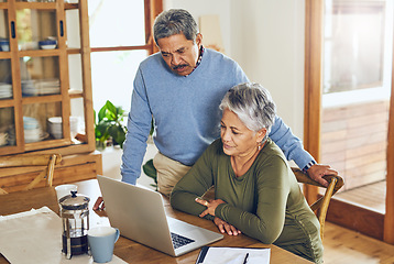 Image showing Finance, budget and senior couple on laptop with bills, paperwork and documents for life insurance. Retirement, pension and elderly man and woman on computer for mortgage payment, investment and tax