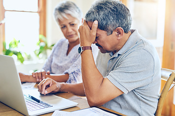 Image showing Finance, stress and senior couple with worry for bills, debt paperwork and documents for pension. Retirement, anxiety and elderly man and woman on laptop for mortgage payment, investment and budget