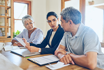 Image showing Finance, pension and senior couple with consultant for bills, paperwork and insurance documents. Retirement, budget and elderly man and woman with financial planner for loan, payment or investment