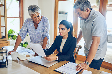 Image showing Finance consultant, budget and senior couple with bills, paperwork and life insurance documents. Retirement, laptop and elderly man and woman with financial advisor for pension, payment or investment