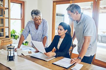 Image showing Financial advisor, paperwork and senior couple with bills, documents and life insurance for planning. Retirement, pension and elderly man and woman with consultant for mortgage, payment or investment