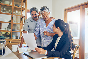 Image showing Financial advisor, budget and senior couple with bills, paperwork and insurance documents. Retirement, consultant and elderly man and woman with finance planner for pension, payment or investment