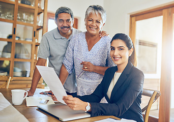 Image showing Portrait, budget and senior couple with financial advisor bills, paperwork and documents for insurance. Retirement, finance consultant and elderly man and woman for pension, payment and investment