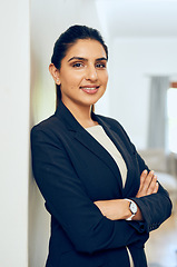 Image showing Business woman, office portrait and arms crossed of a lawyer employee at a law firm. Vision, company worker and female person with confidence and proud from professional attorney job and work success