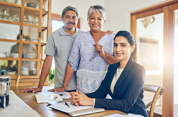 Image showing Finance consultant, budget and portrait senior couple with bills, paperwork and insurance documents. Retirement, financial advisor and elderly man and woman for pension loan, payment and investment