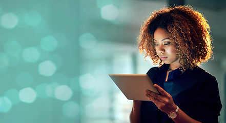 Image showing Night, office and business woman with tablet on bokeh, mockup and space for advertising. Online, search and serious African female person working late on creative, idea or proposal plan