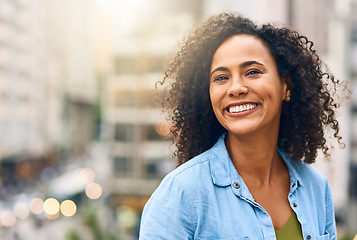 Image showing Happy, smile and portrait of woman in city with happiness, freedom and confidence in urban town. Traveling, face and confident and African female person on weekend, holiday and relax in South Africa