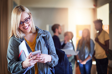 Image showing Phone, woman and student smile in university, texting and social media online. Cellphone, college and female person typing, web scroll or internet browsing, research and mobile app for communication.