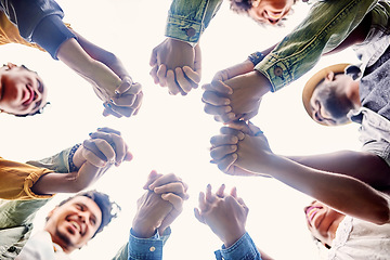 Image showing Friends, support and people holding hands in circle for motivation, community and friendship outdoors. Teamwork, diversity and below of men and woman together for trust, commitment and solidarity