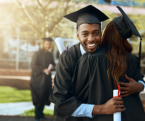 Image showing Graduation, hug and students celebrating academic achievement or graduates together with joy on happy day and outdoors. Friends, certificate and african people embrace or success or diploma and hats