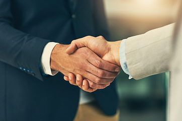 Image showing Handshake, agreement and business men shaking hands in office for partnership, recruitment and thank you. Corporate, collaboration and closeup of male workers for onboarding, support and teamwork